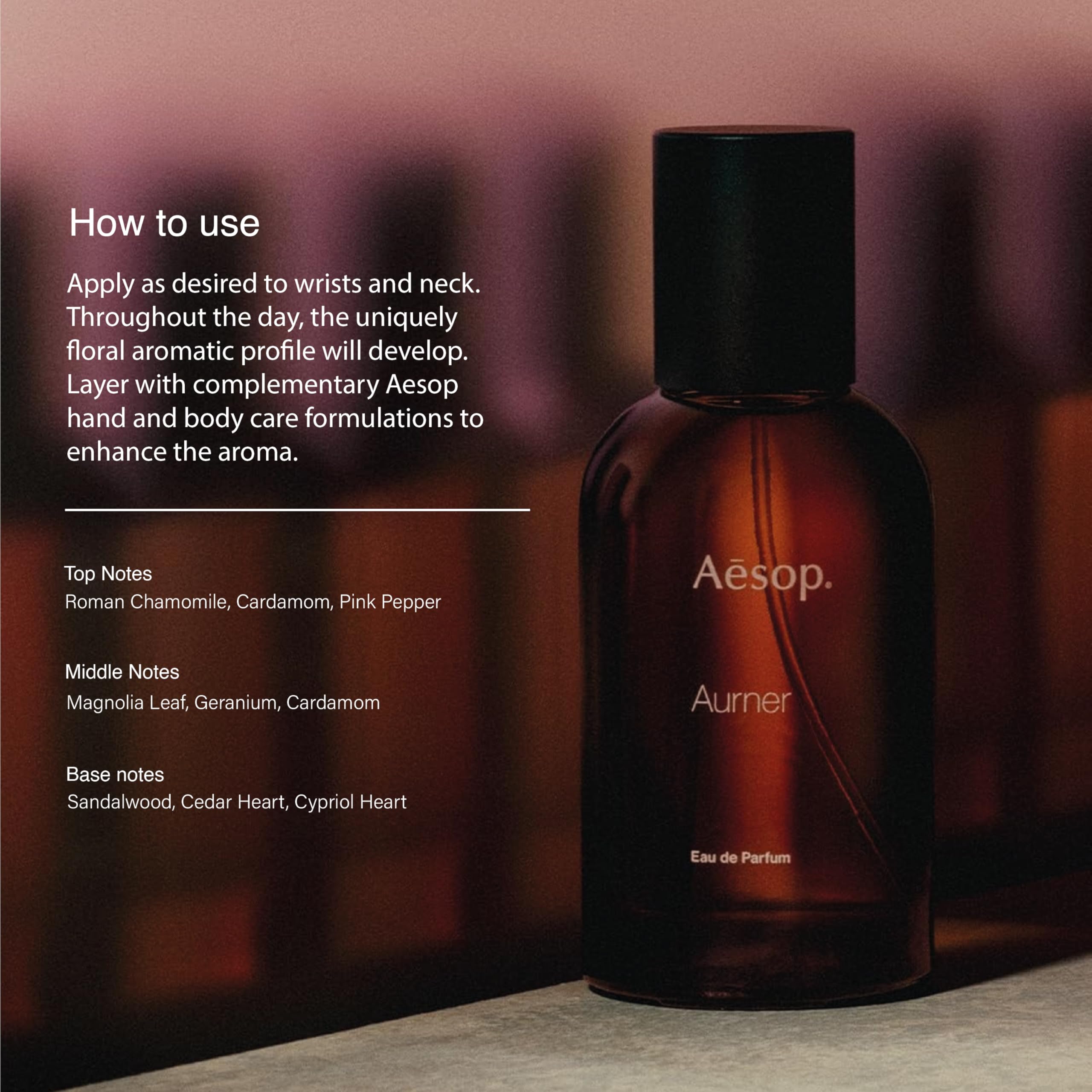 Aesop Aurner bottle cap close-up highlighting elegant woody notes.