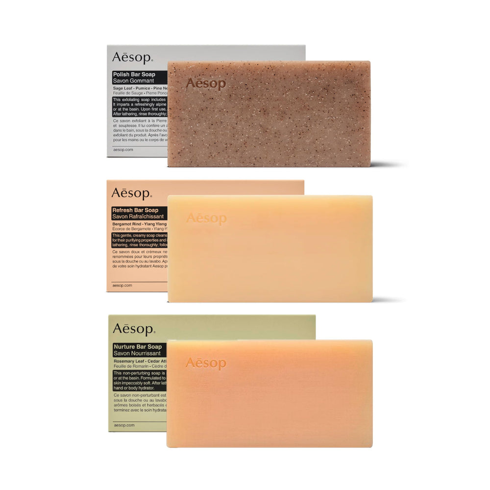 Aesop Bar Soap Trio alpine aroma close-up conveying fresh scent and camphor hints.