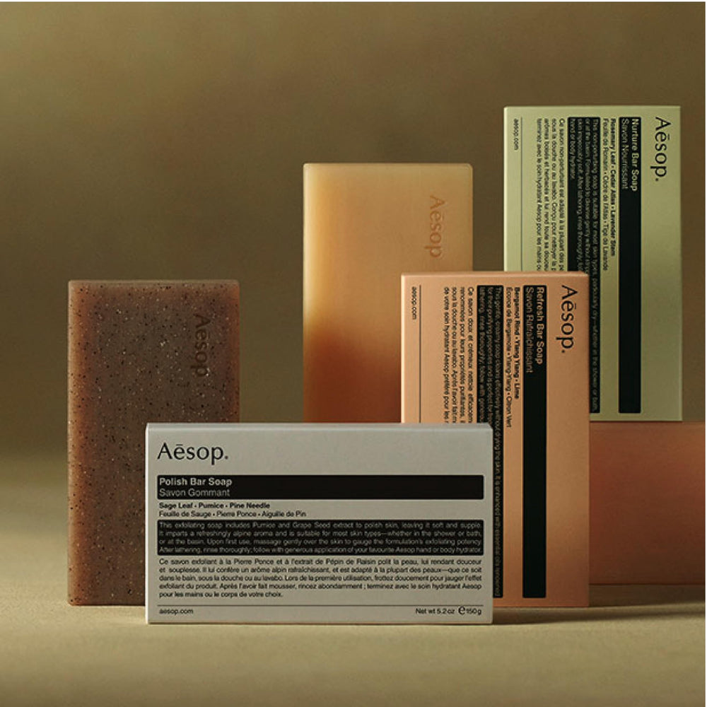 Aesop Bar Soap Trio shea butter moisture bar emphasizing skin nourishment and softness.