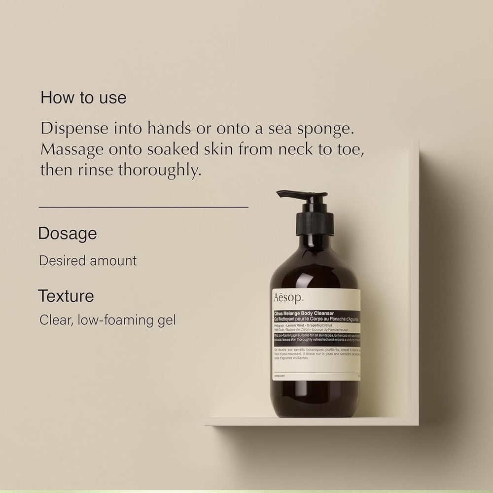 Aesop Citrus Melange Body Cleanser refill showing the low-foam gel texture.