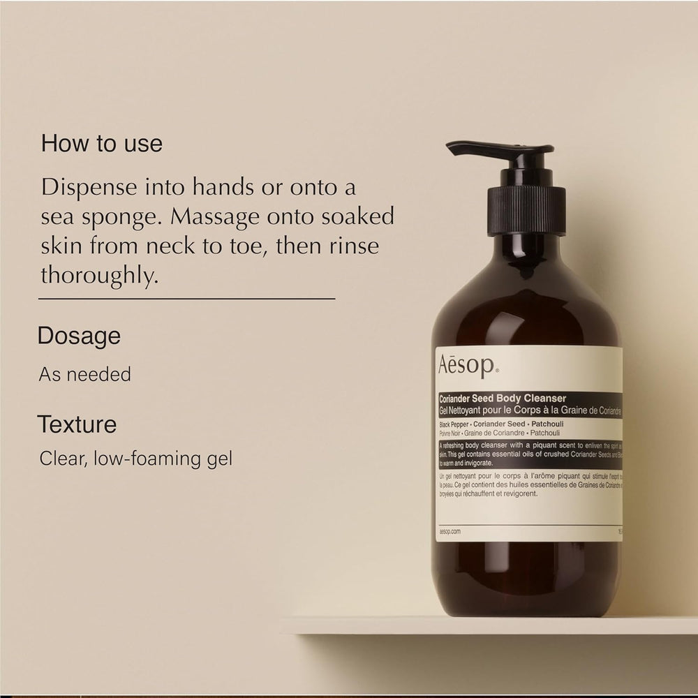 Aesop Coriander Seed Body Cleanser low-foaming gel, ideal for daily use.