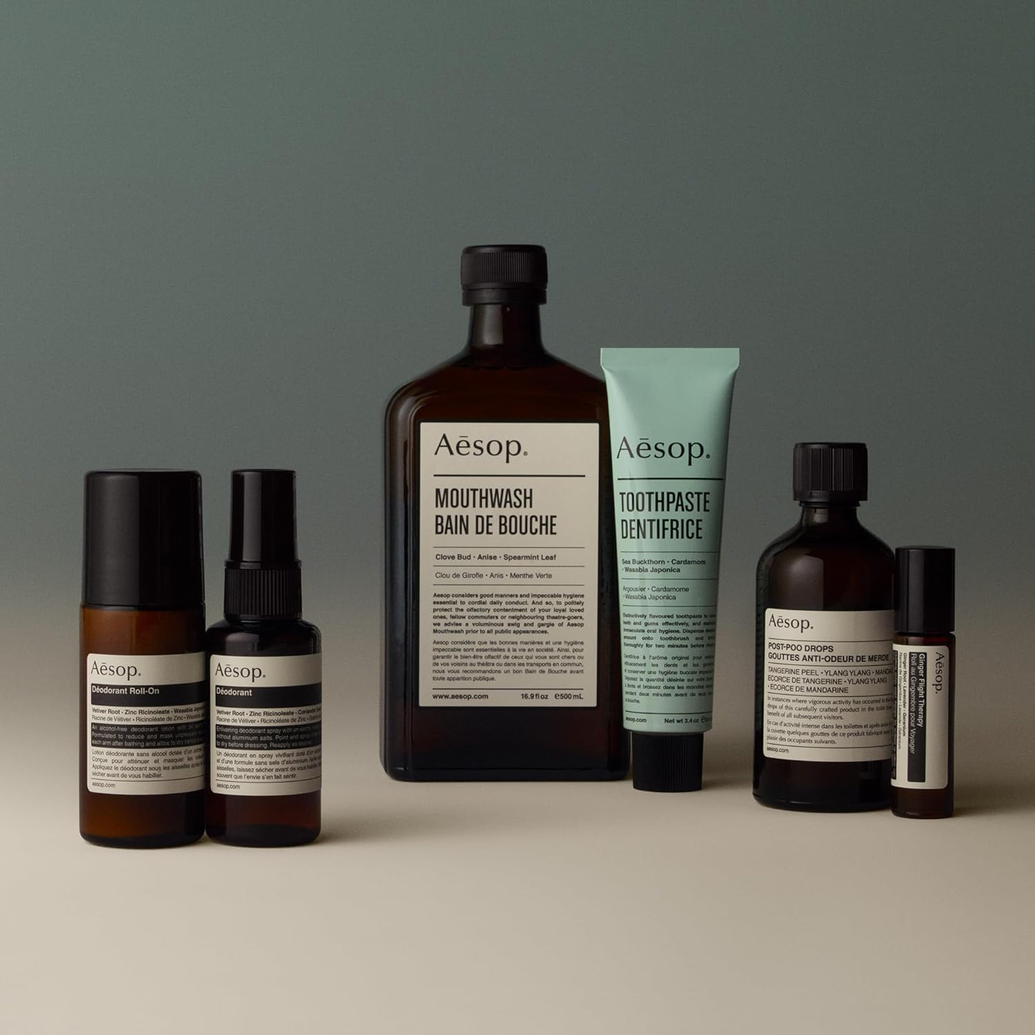 Aesop deodorant aroma graphic showing woody, herbaceous, earthy notes for daily wear.