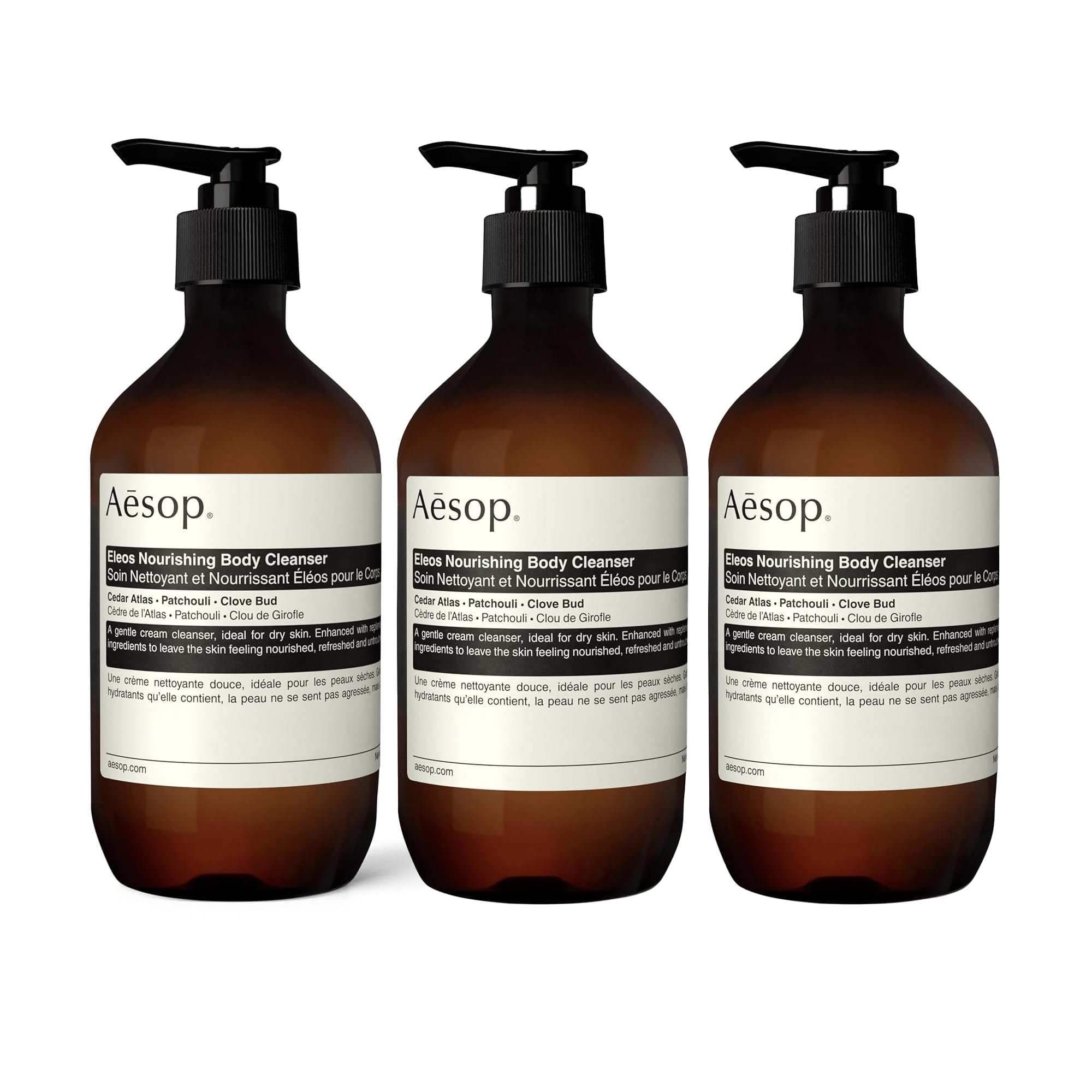 Aesop Eleos Nourishing Body Cleanser bottle with hydrating formula for daily nourishment.