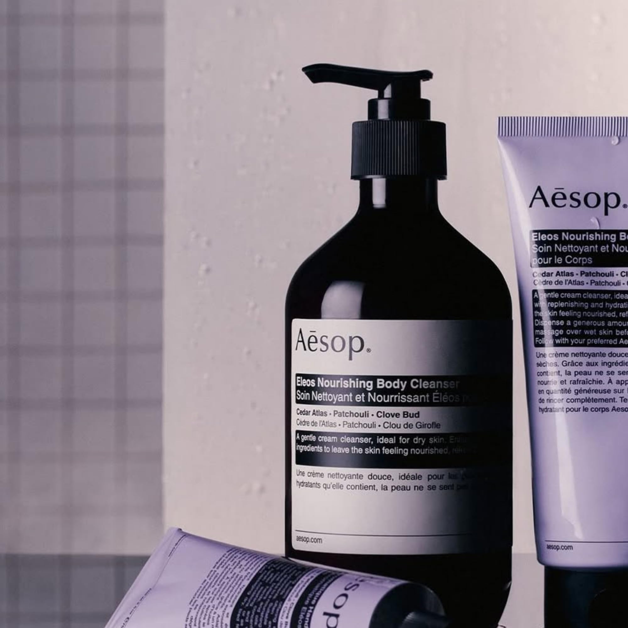 Aesop Eleos refill packaging beside recycling icon signaling recycled content.