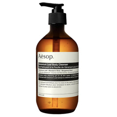 Aesop Geranium Leaf Body Cleanser bottle pour reveals refreshing citrus aroma for daily cleansing.