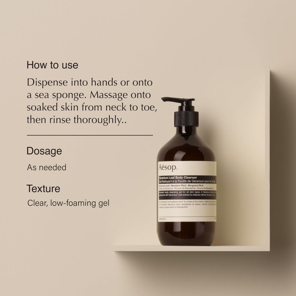 Aesop Geranium Leaf Body Cleanser gel texture with invigorating citrus aroma