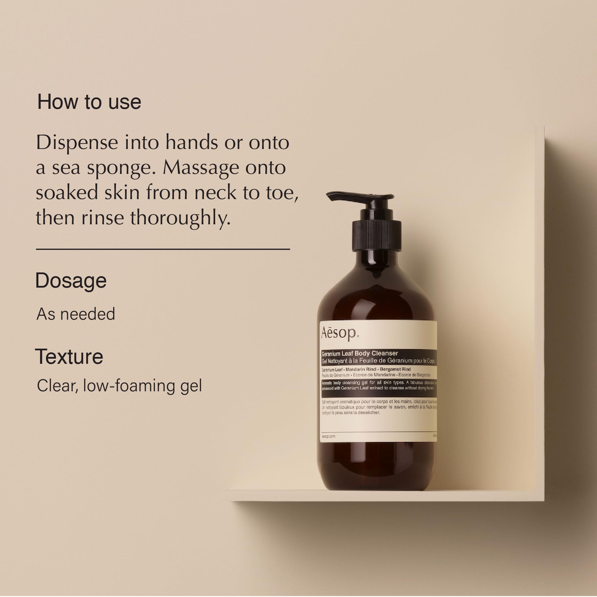 Aesop Geranium Leaf Body Cleanser being poured to highlight refreshing texture