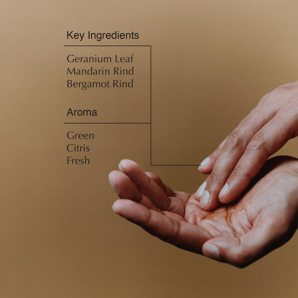 Aesop Geranium Leaf refill label close-up highlighting mandarin and bergamot notes