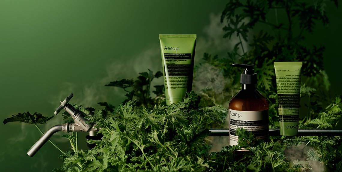 Aesop Geranium Leaf Body Cleanser refill packaging on shelf suggesting eco-friendly refilling
