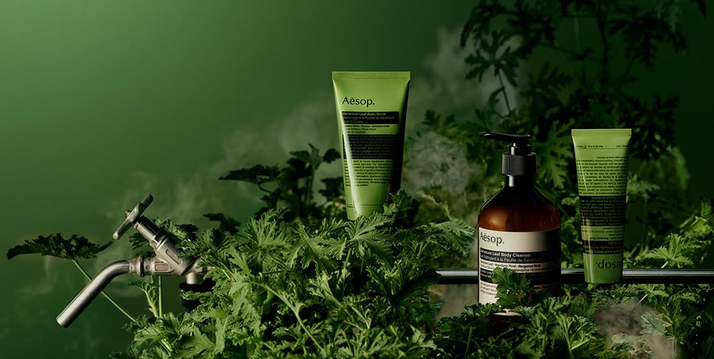 Aesop Geranium Leaf Body Cleanser refill packaging on shelf suggesting eco-friendly refilling