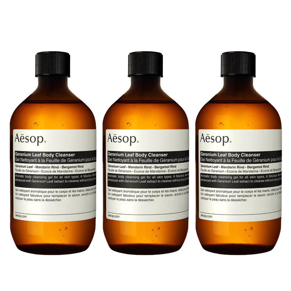 Aesop Geranium Leaf Body Cleanser refill packaging on display for convenient refills.
