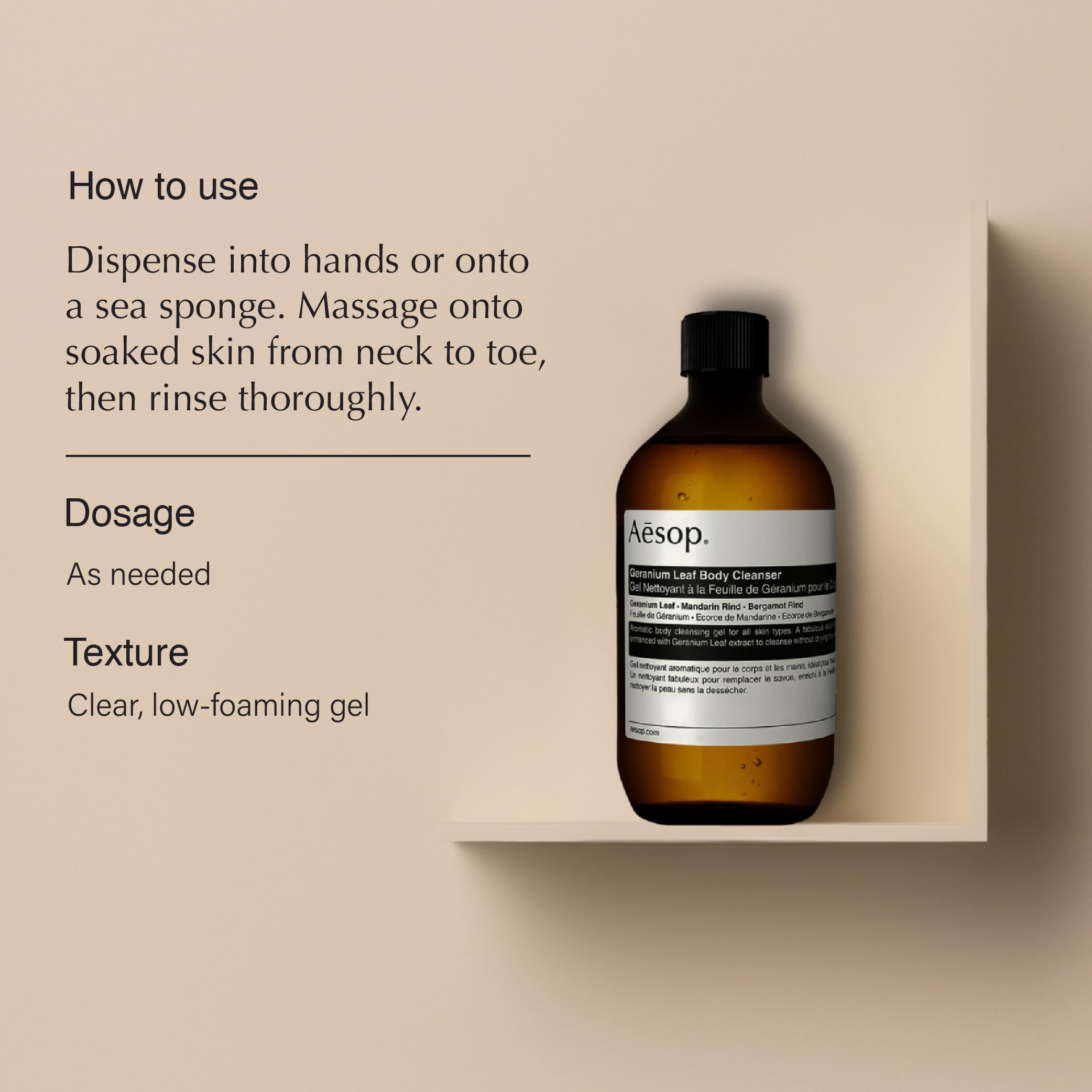 Aesop Geranium Leaf Body Cleanser refill with sea sponge ready for gentle daily cleansing