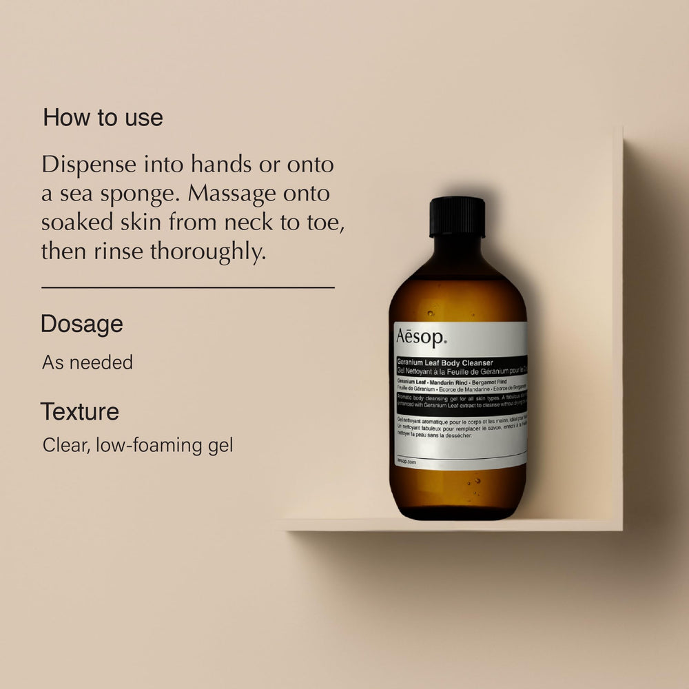 Aesop Geranium Leaf Body Cleanser refill with sea sponge ready for gentle daily cleansing