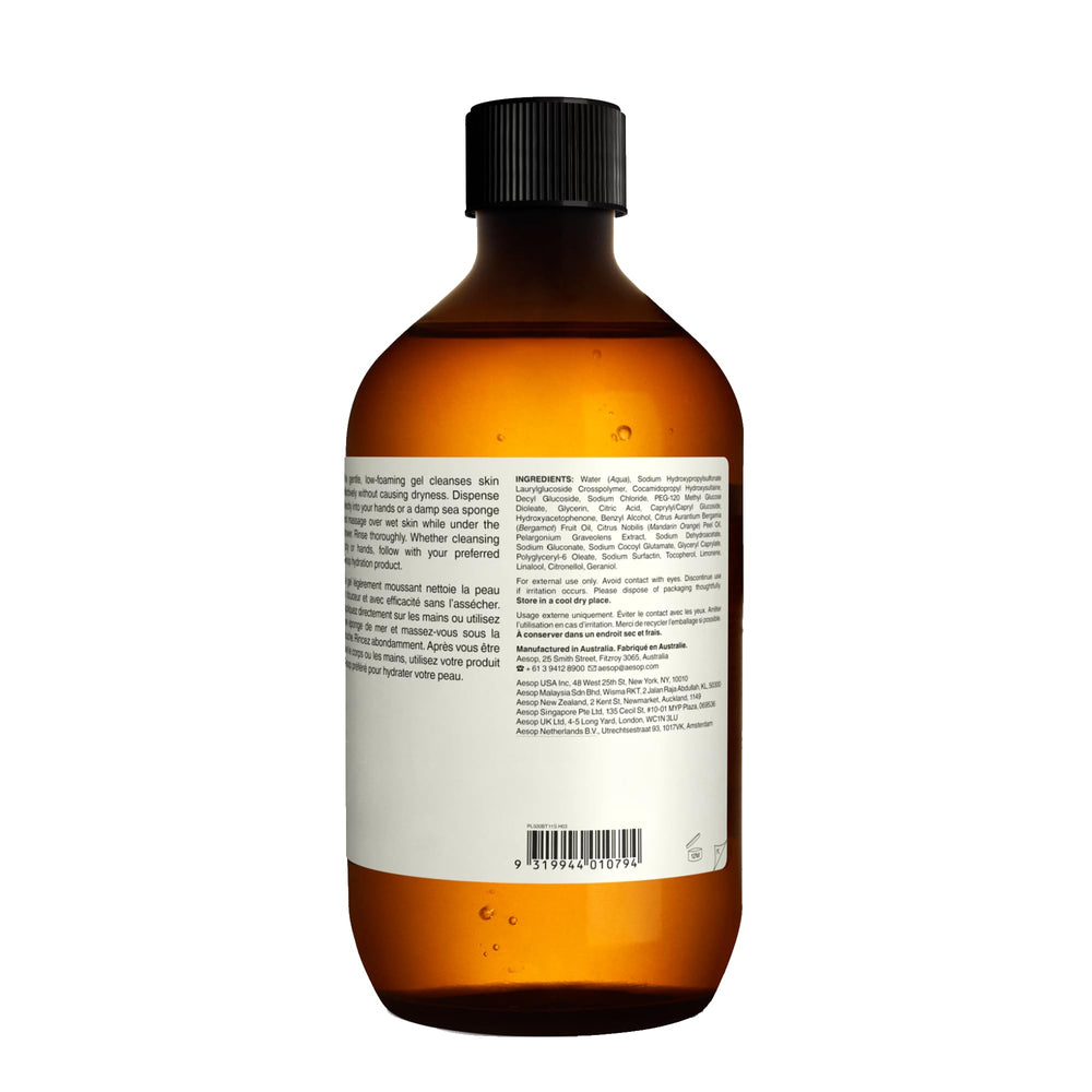 Aesop Geranium Leaf Body Cleanser refill with sea sponge for spa-like cleansing at home.