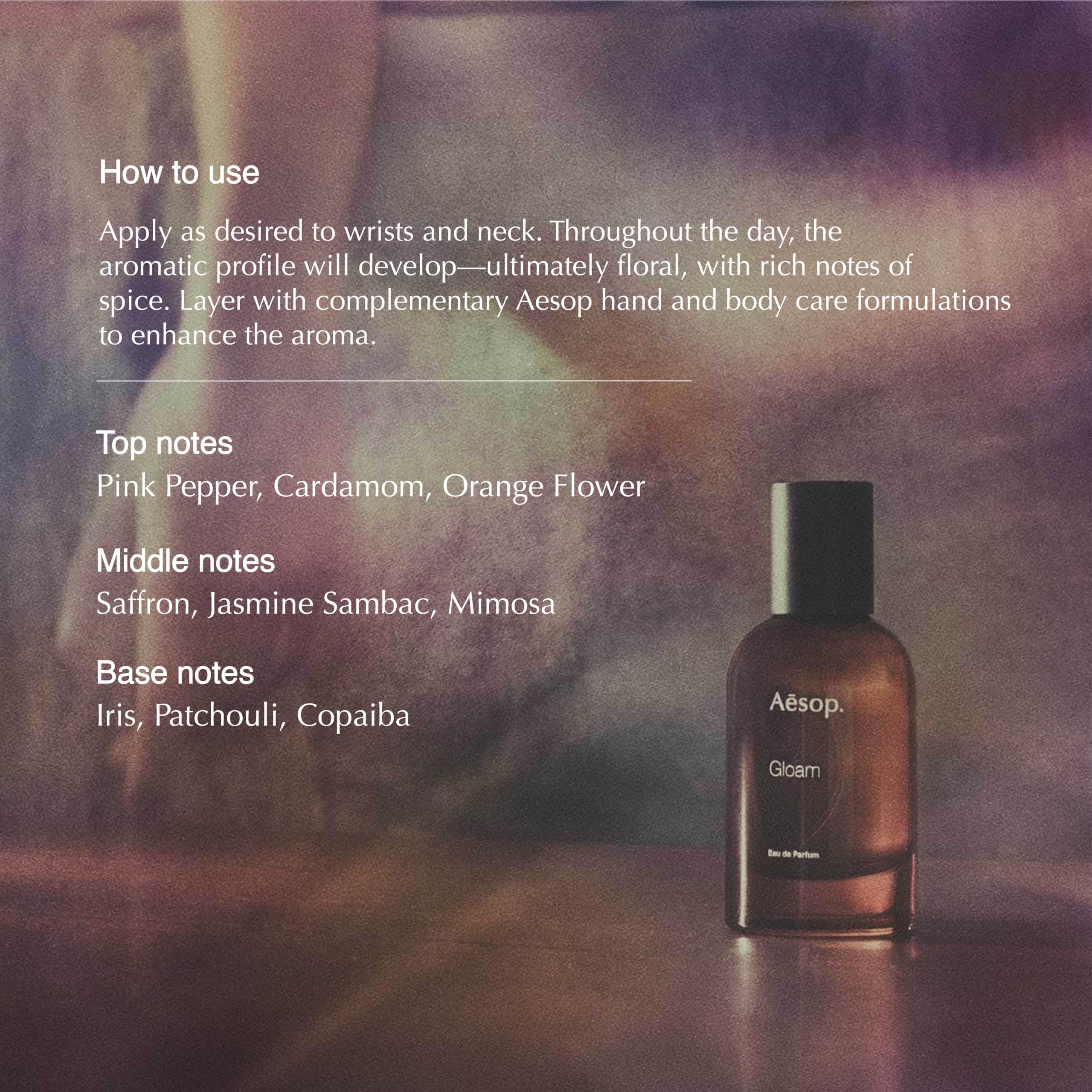 Aesop Gloam opening note of orange flower brightens the fragrance with fresh citrus nuance.