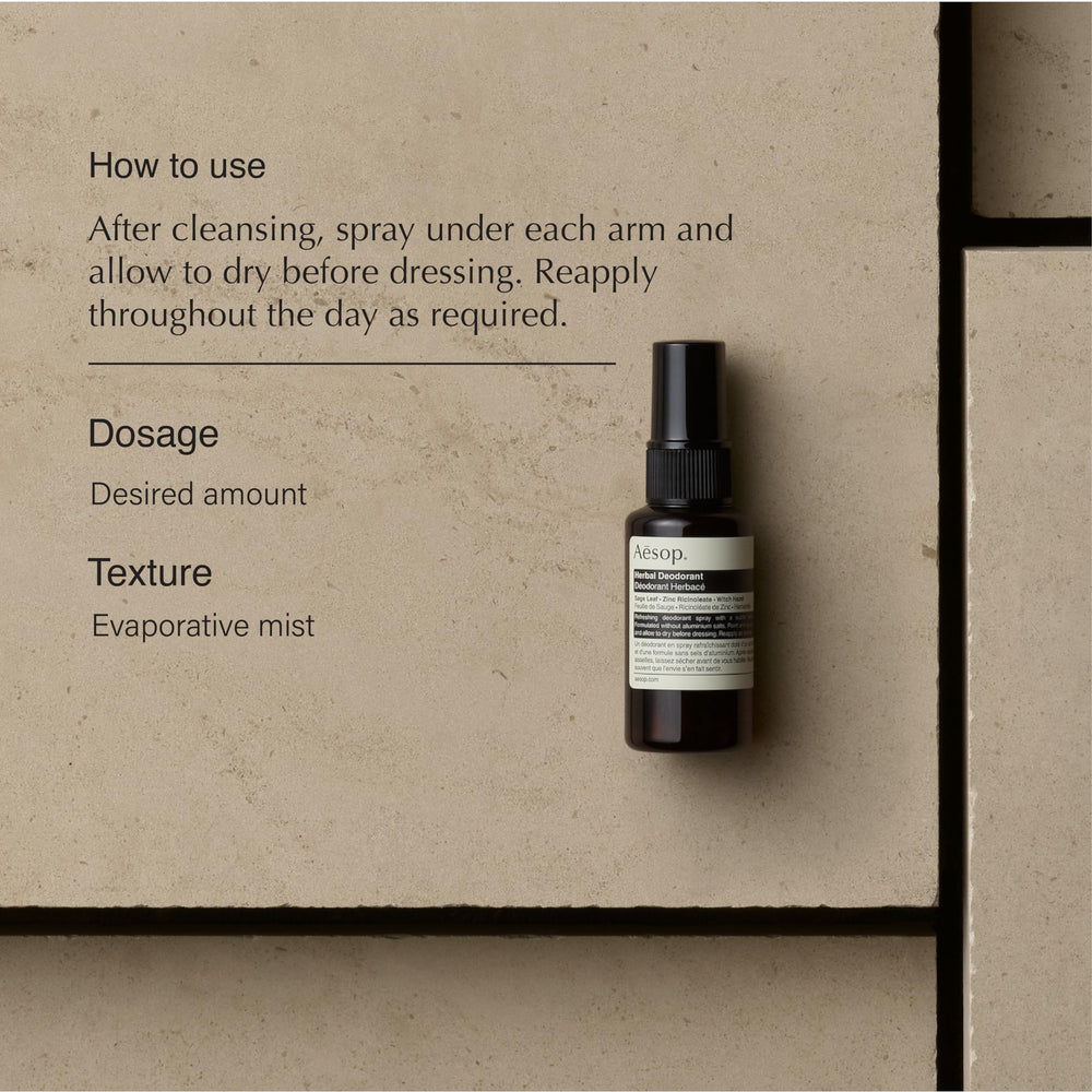 Aesop Herbal Deodorant Spray application underarm for a fresh feel.