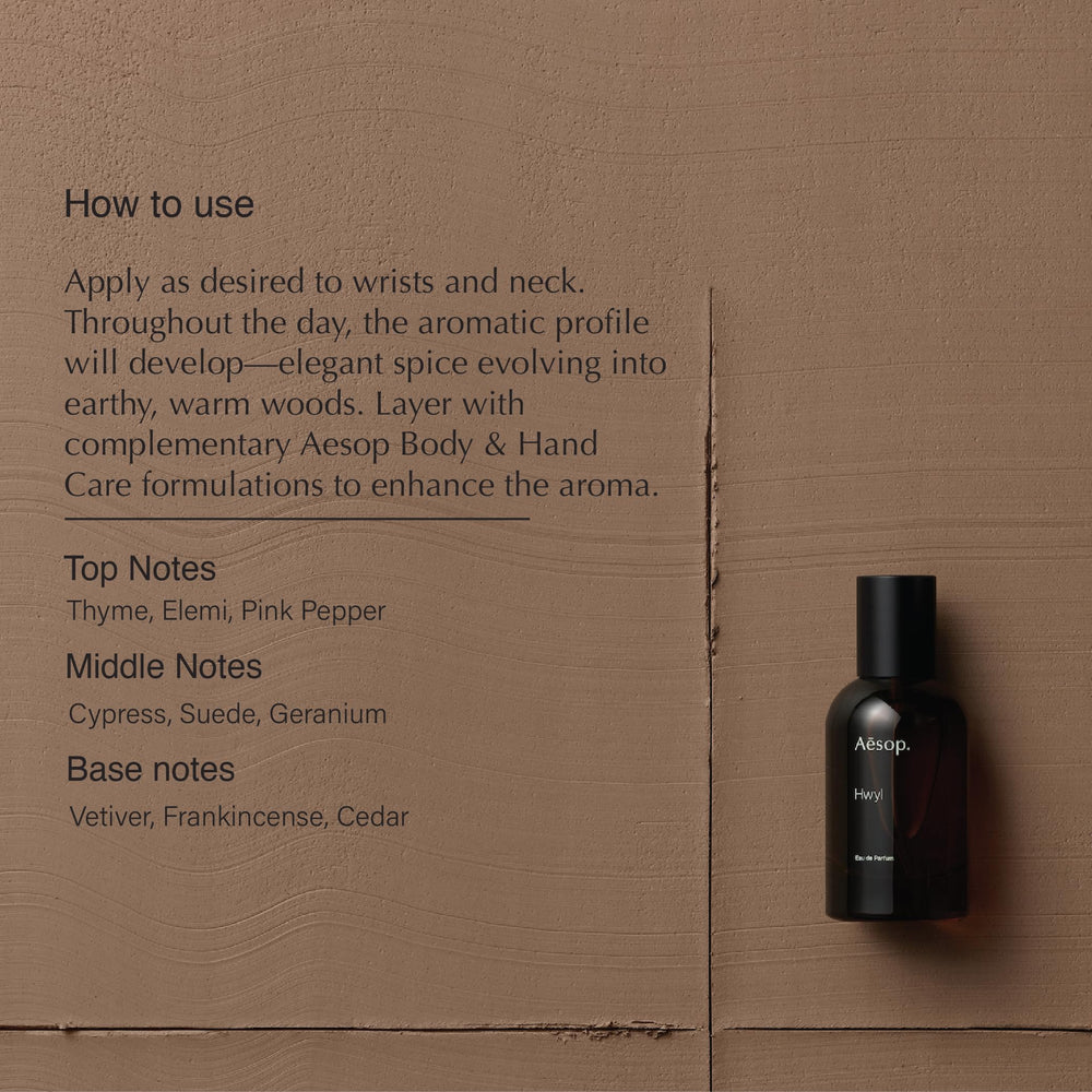 Aesop Hwyl bottle closeup label emphasizes resinous depth for discerning scents