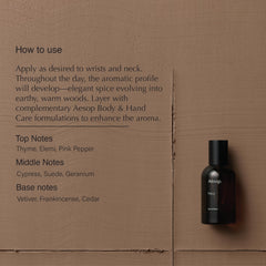 Aesop Hwyl bottle closeup label emphasizes resinous depth for discerning scents