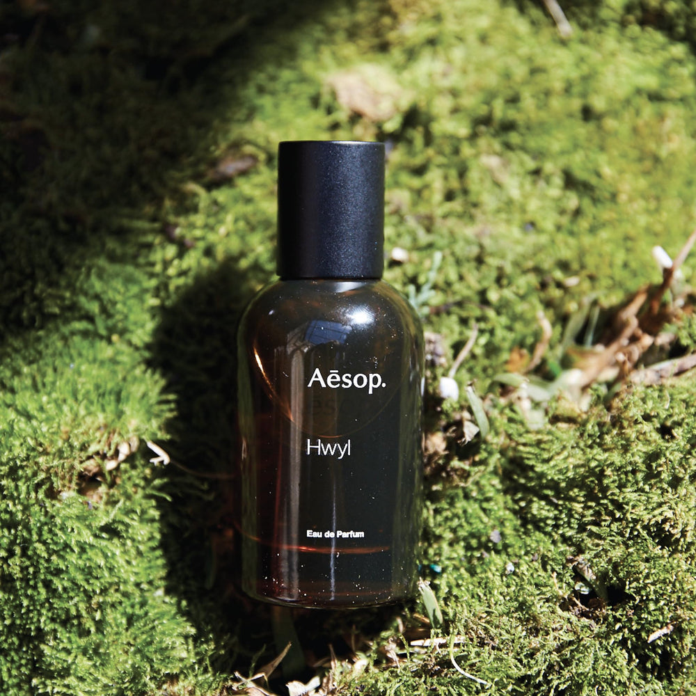 Aesop Hwyl wood-tones table scene highlights earthy, woody character