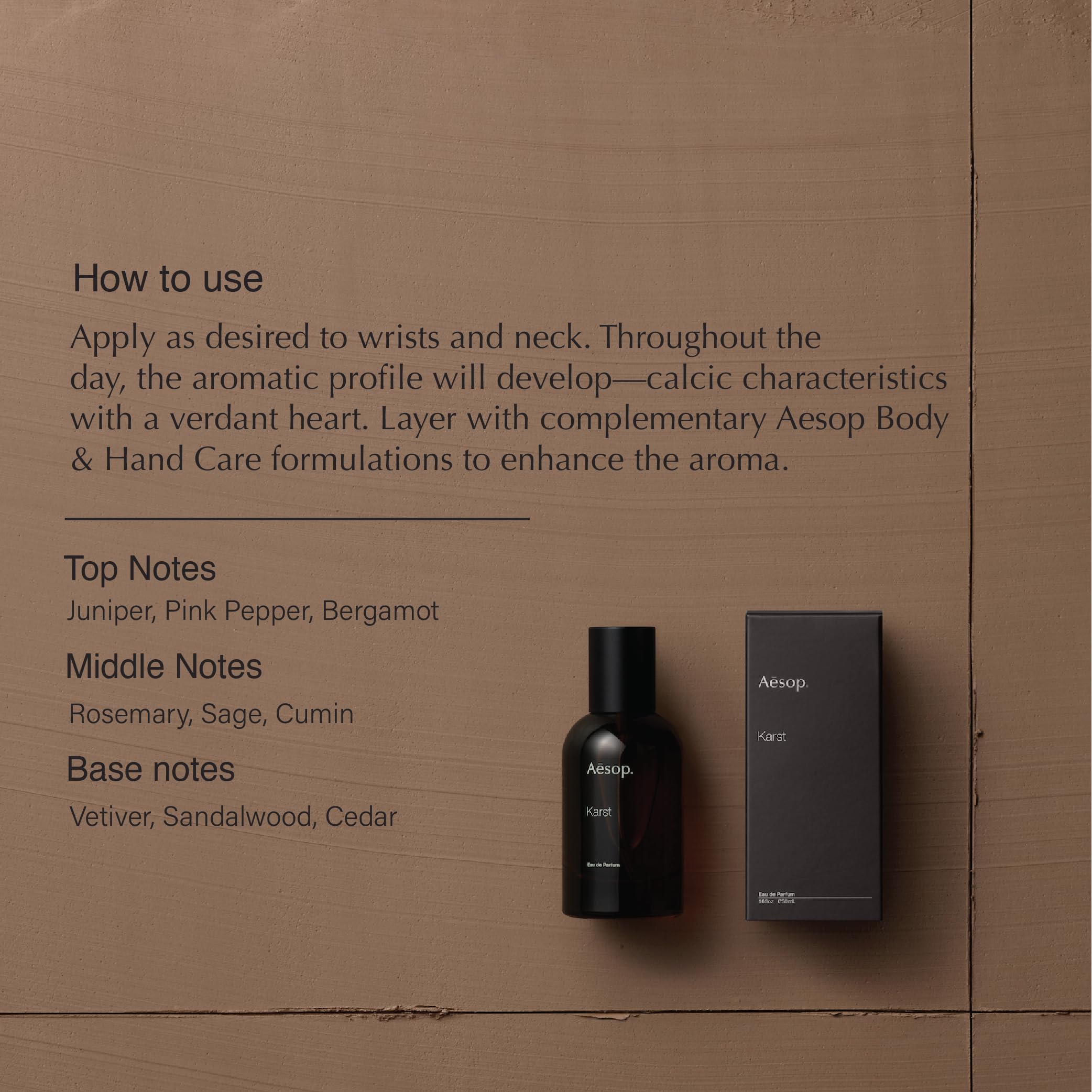 Aesop Karst bottle top view highlighting mineral and marine profile for refined wear