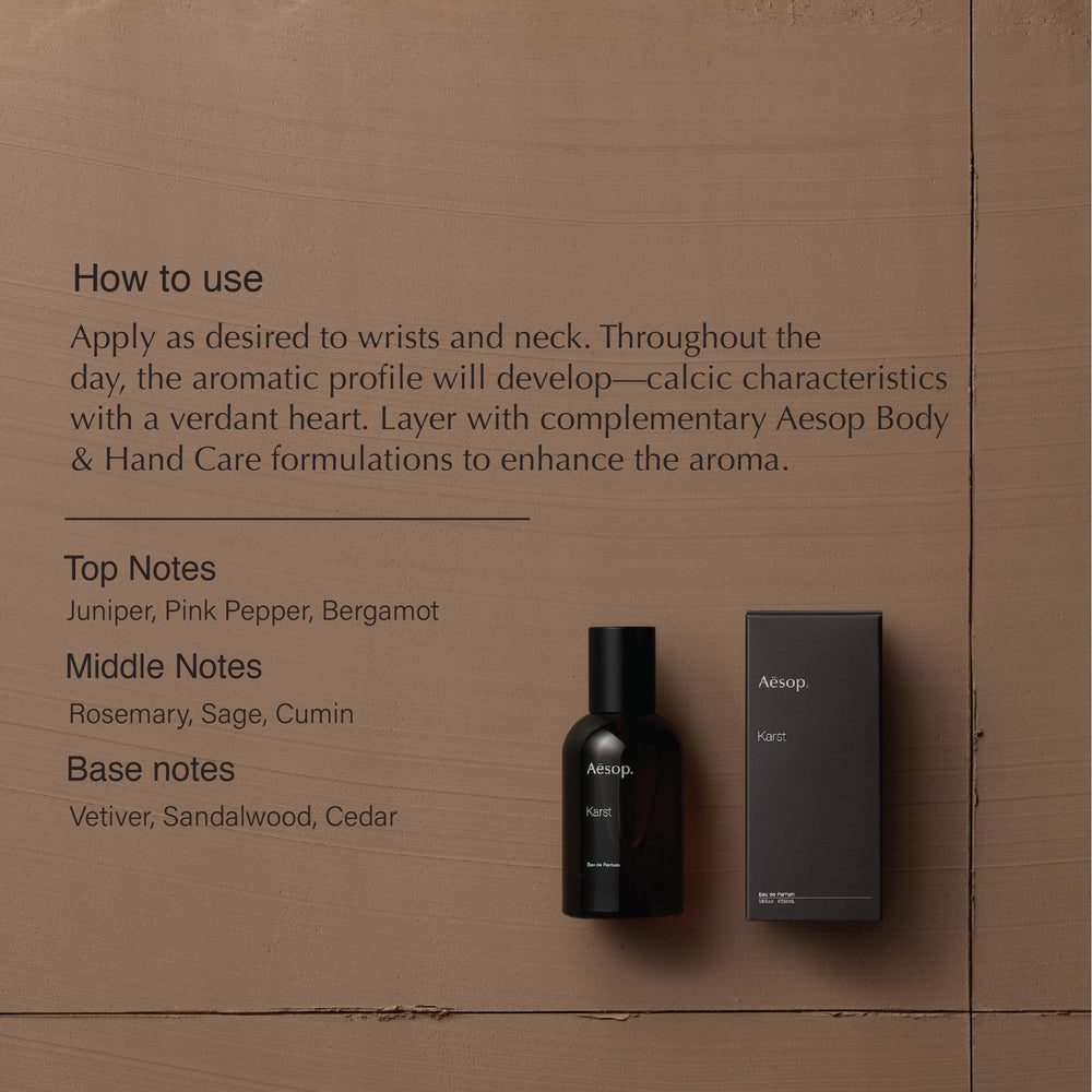 Aesop Karst bottle top view highlighting mineral and marine profile for refined wear