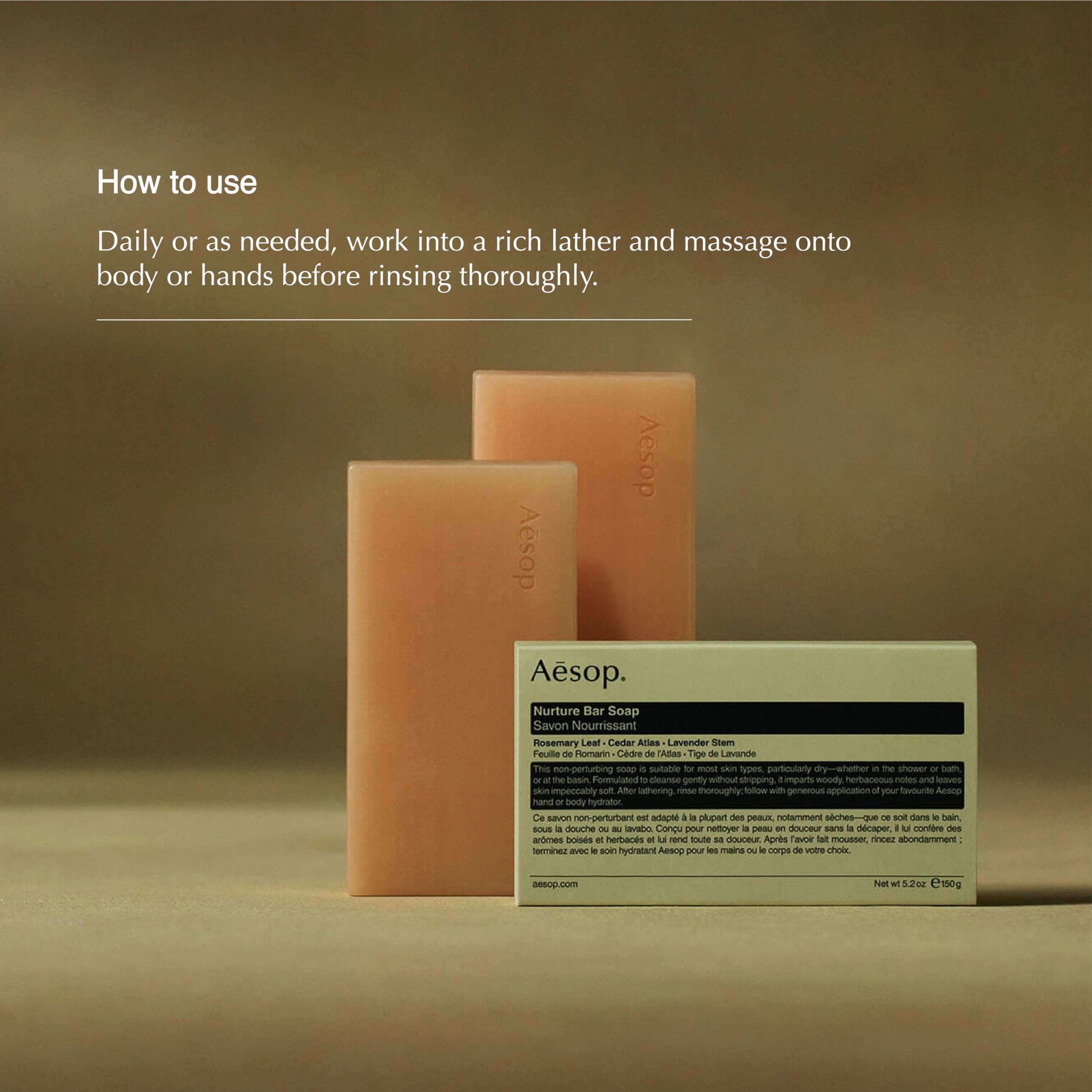Aesop Nurture Bar Soap creamy-lather close-up showcasing smooth cleansing texture.