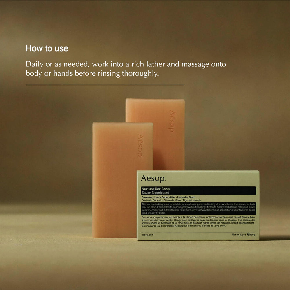 Aesop Nurture Bar Soap creamy-lather close-up showcasing smooth cleansing texture.