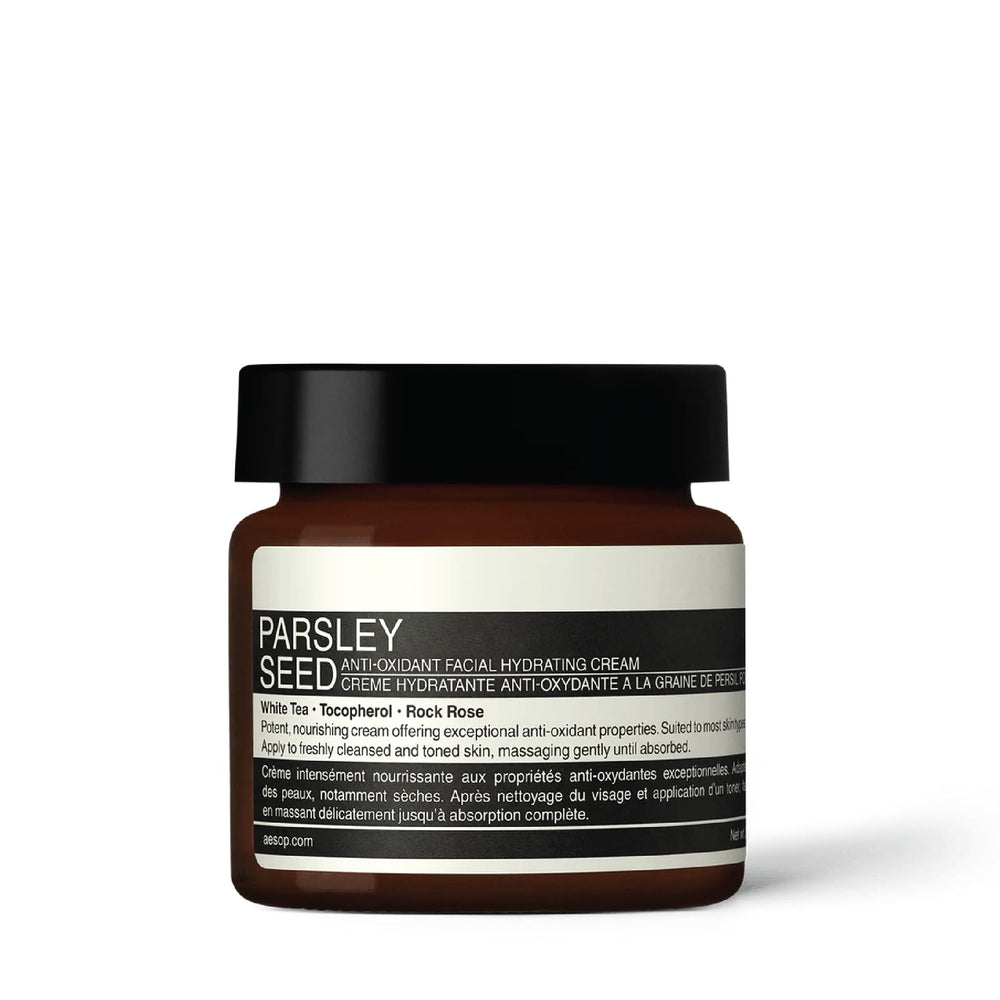 Aesop Parsley Seed Cream jar closeup for soothing hydration.