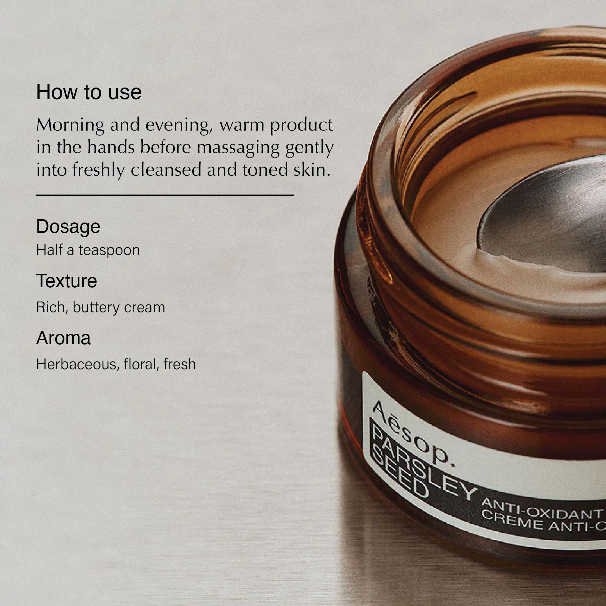 Aesop Parsley Seed Cream used in morning routine for lasting moisture.