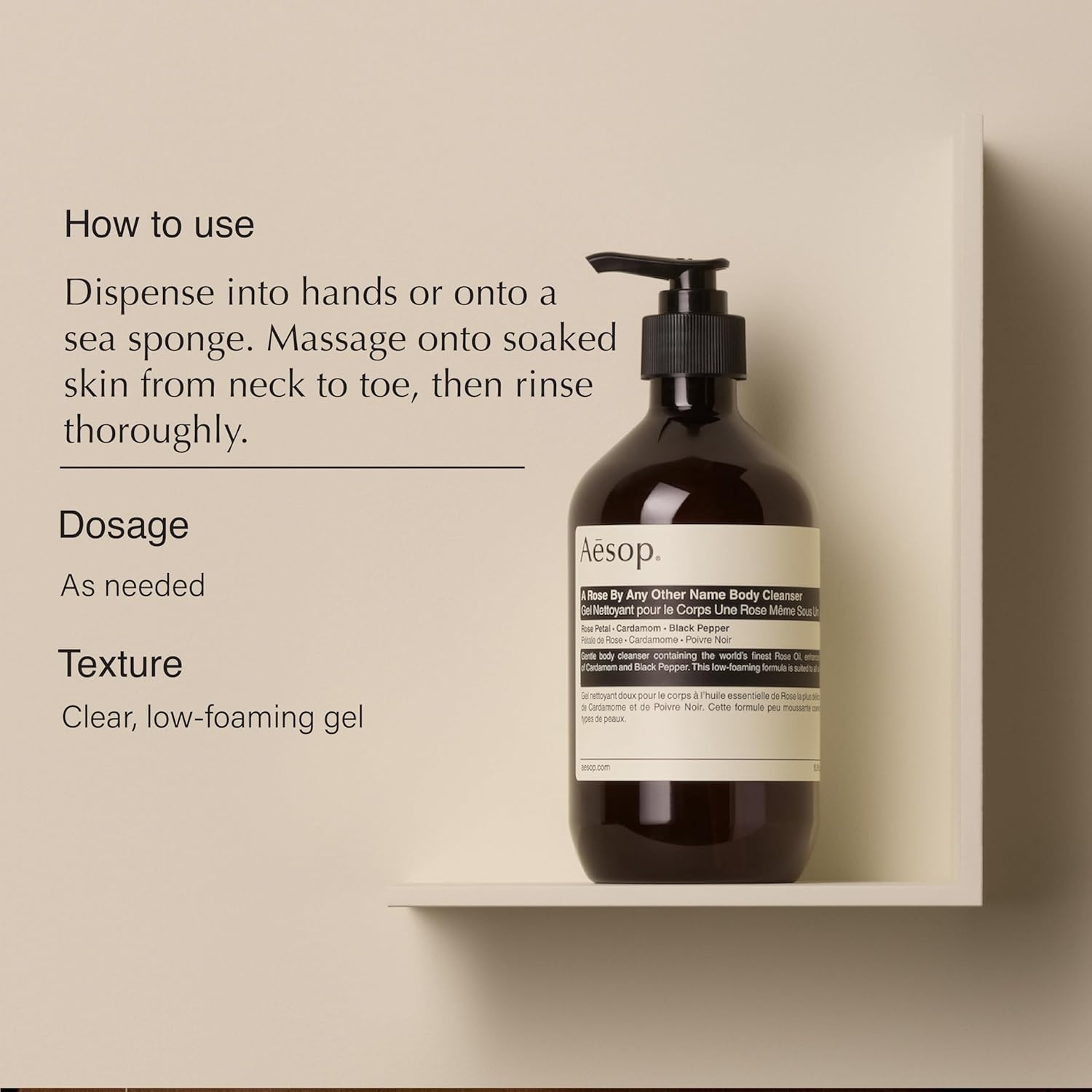 Aesop cleanser label highlights Rose Petal Oil for nourishing skin during showers.