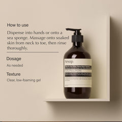 Aesop cleanser label highlights Rose Petal Oil for nourishing skin during showers.