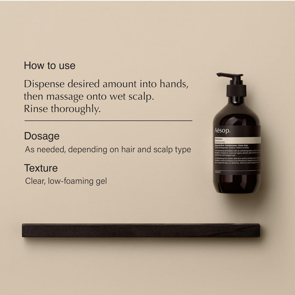 Aesop Shampoo bottle featuring bergamot rind and frankincense for clean, soft hair