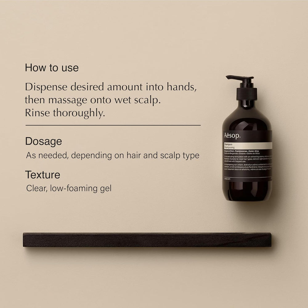 Aesop Shampoo bottle closeup highlights frankincense aroma for cleansing.
