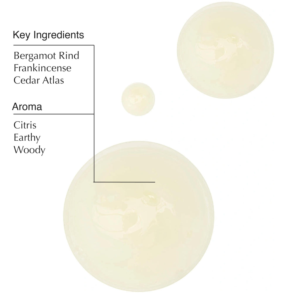 Aesop Shampoo closeup of frankincense and panthenol ingredients for nourished hair