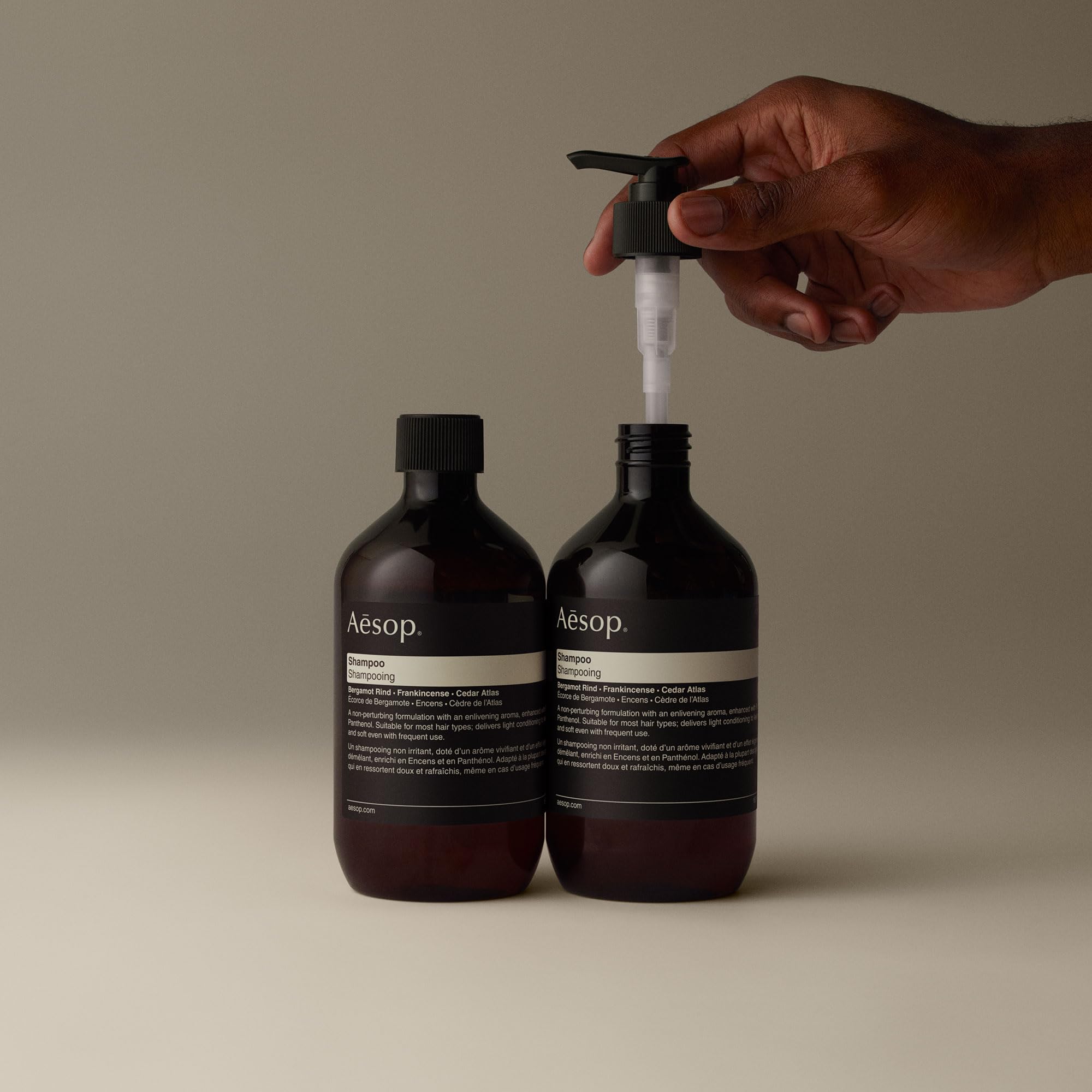 Aesop Shampoo refill packaging side view emphasizes sustainable packaging.