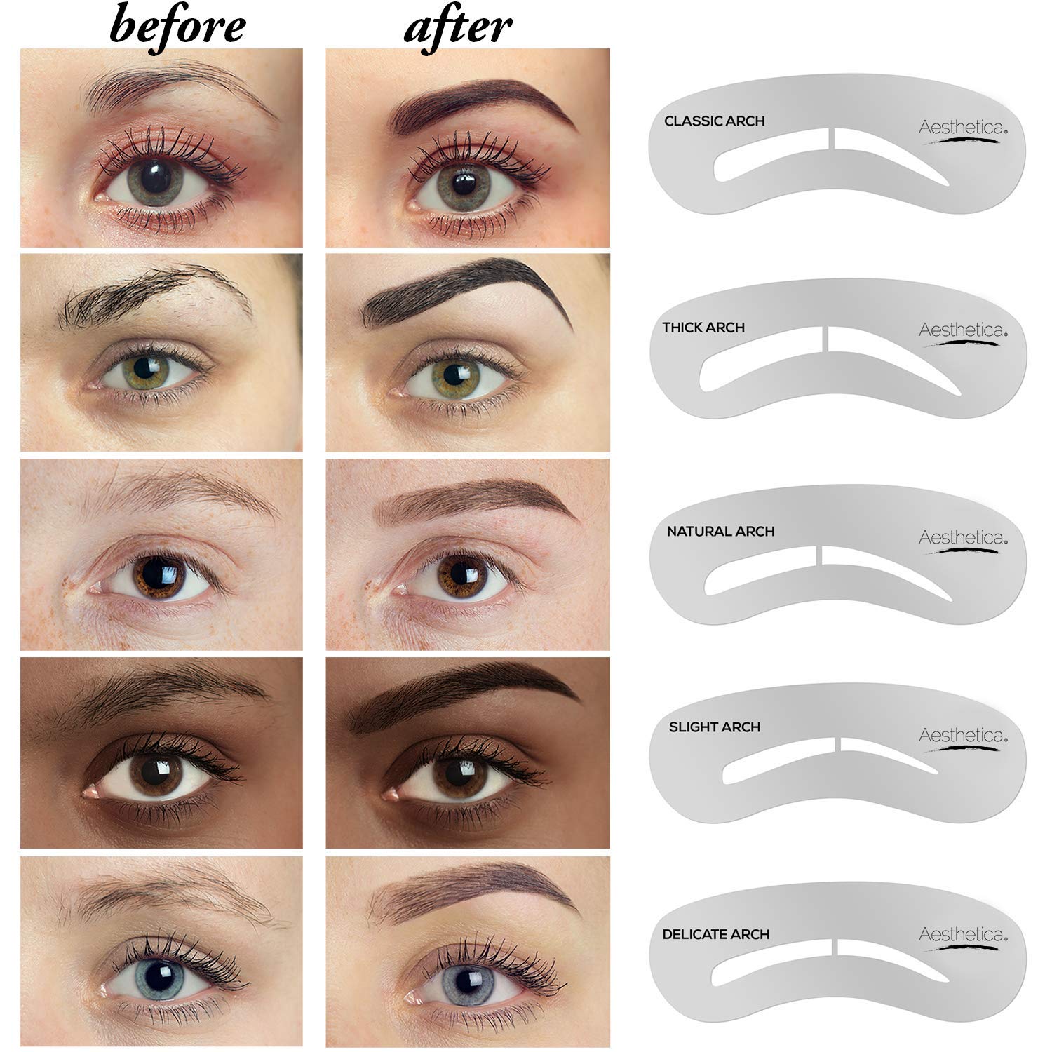 Aesthetica Brow Contour Kit stencil set helps quick shaping of timeless arches.