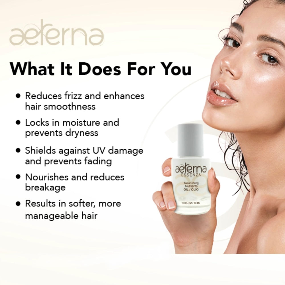 Aeterna ESSENZA bottle angled to show lightweight formula