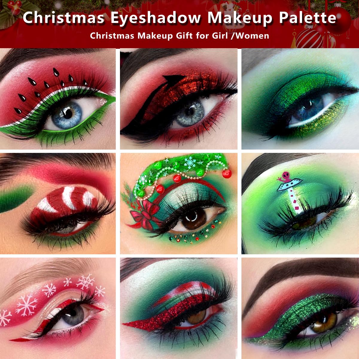 Afflano Green Eyeshadow Palette red-green hues for vibrant eye makeup.