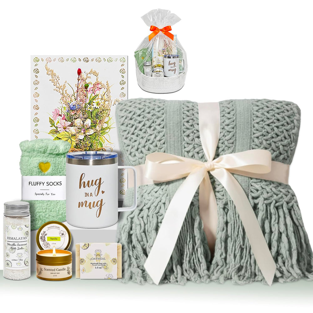 AFKLMNE 8 Pcs Gift Basket with sage green blanket, perfect for cozy self-care moments.