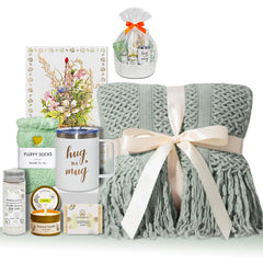 AFKLMNE 8 Pcs Gift Basket with sage green blanket, perfect for cozy self-care moments.