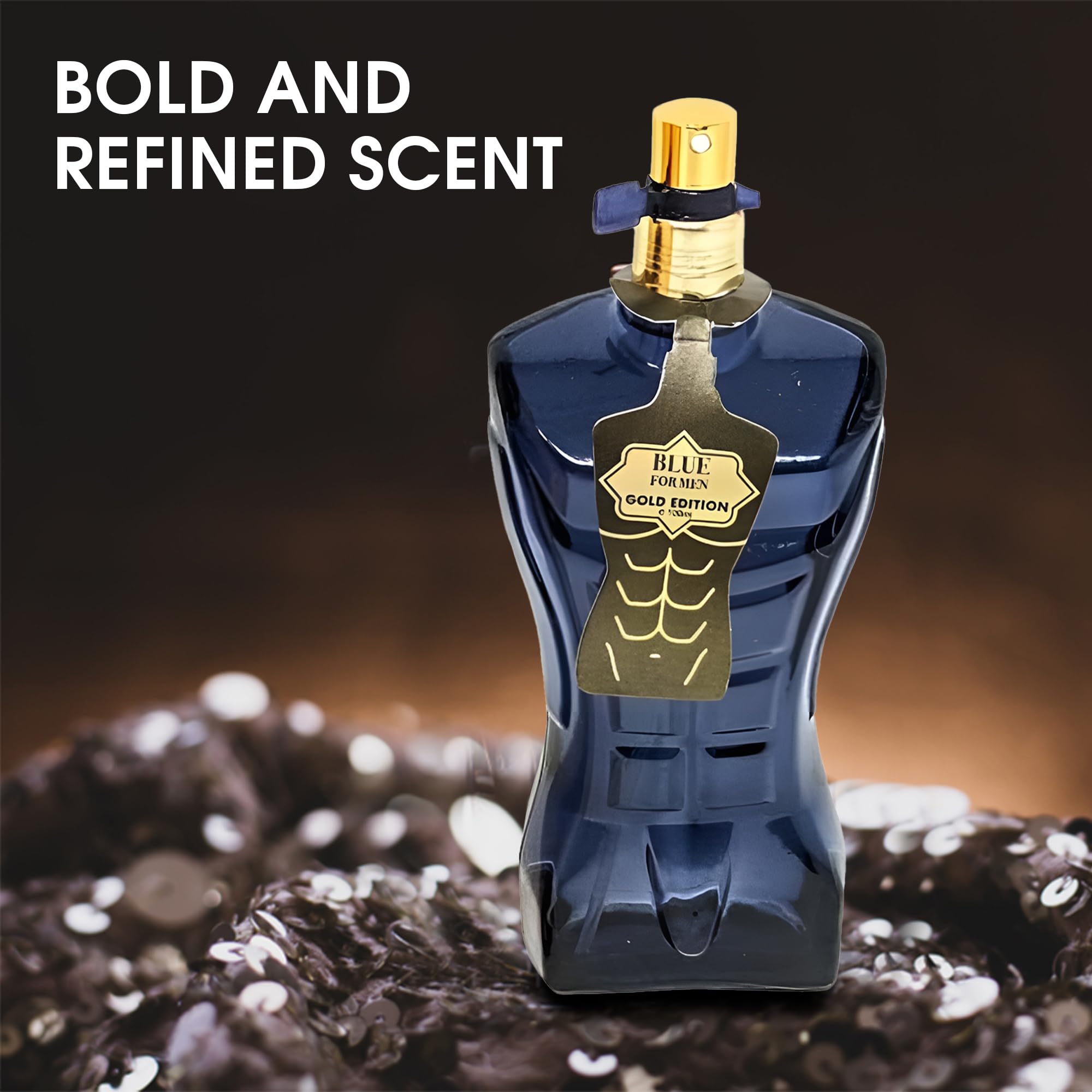 AFLUXE Blue For Men Gold bottle side view for lasting scent.