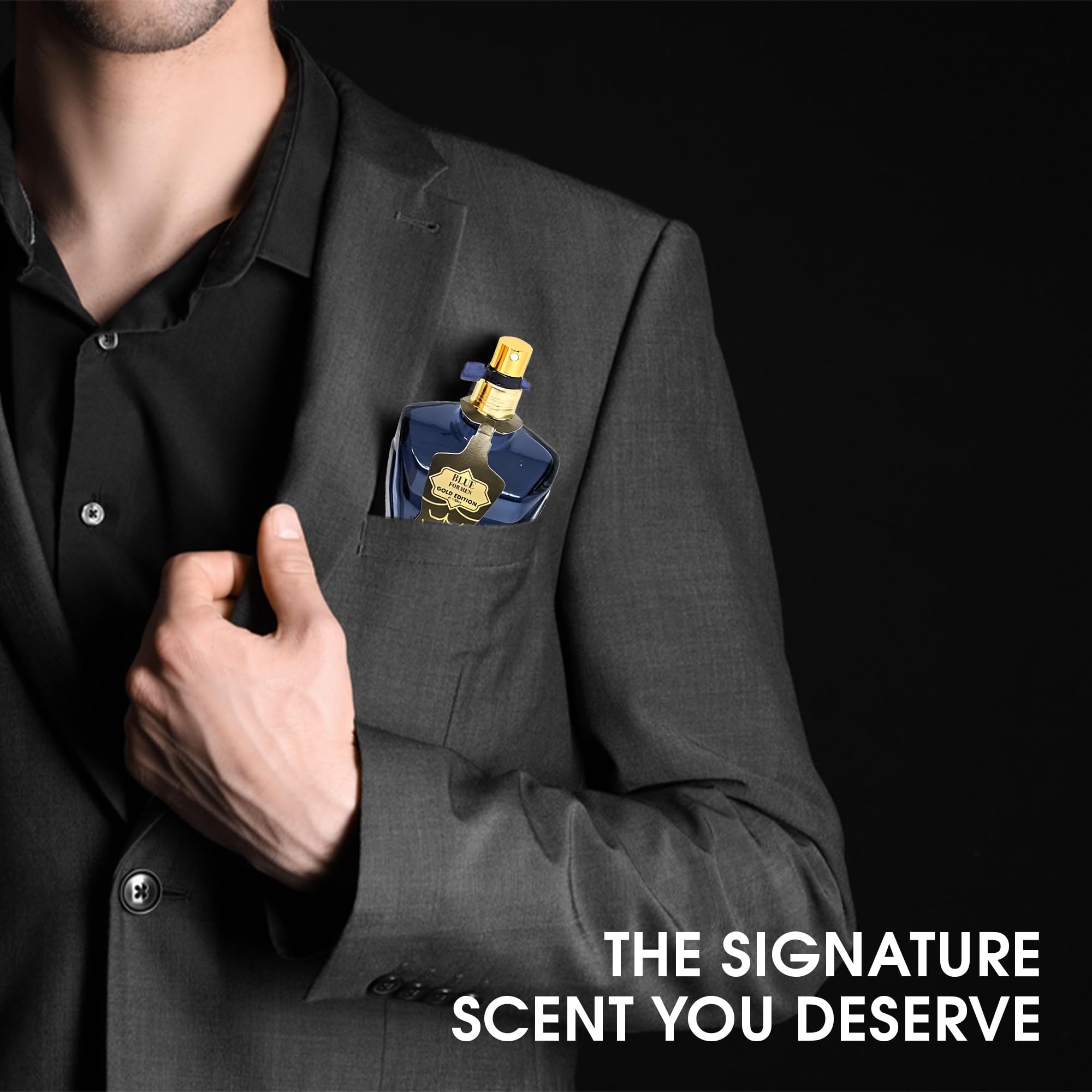 AFLUXE Blue For Men Gold label closeup, premium ingredients.