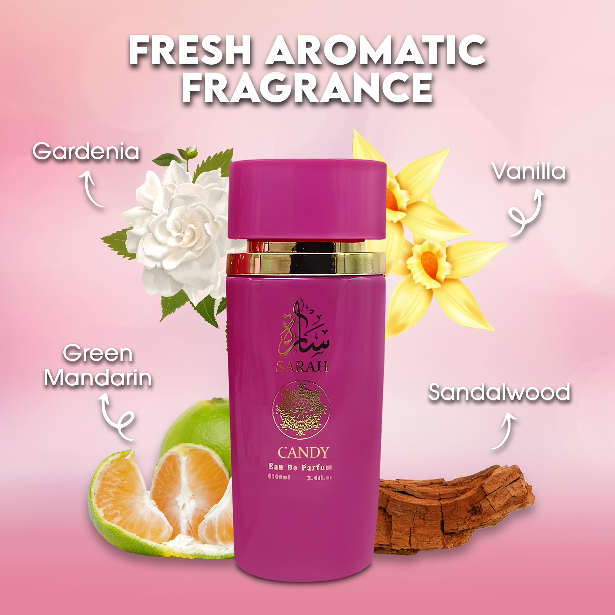 AFLUXE Sarah Candy bottle side view, highlighting lavender and pear notes for a fresh feel.