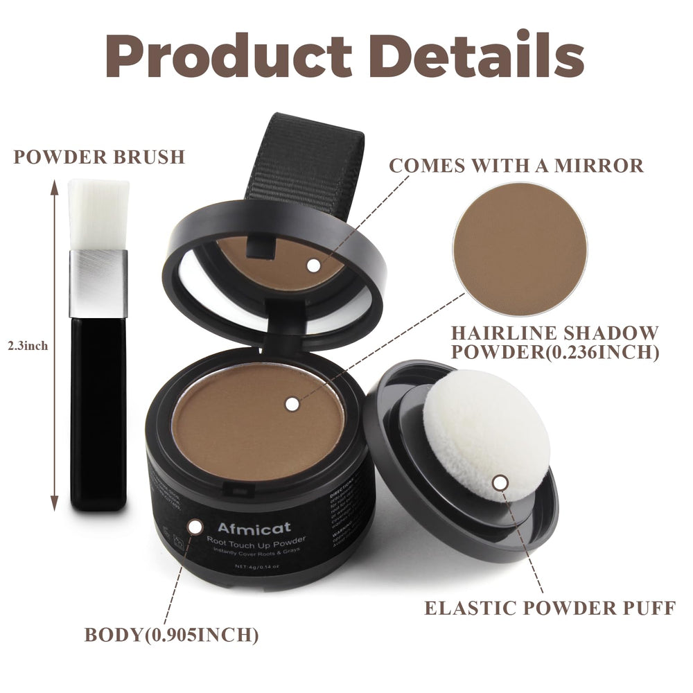 afmicat Instant Hairline Powder conceals bald spots for fuller look