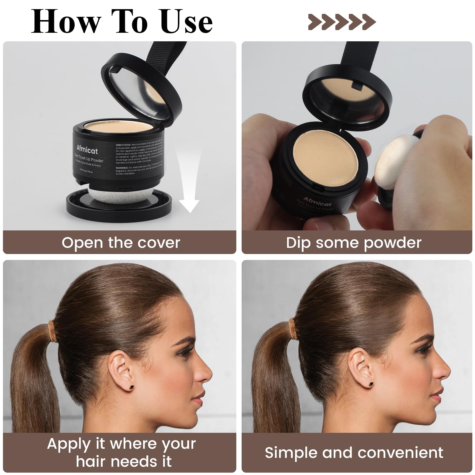 afmicat root touch-up powder brush application highlights precise root concealment.