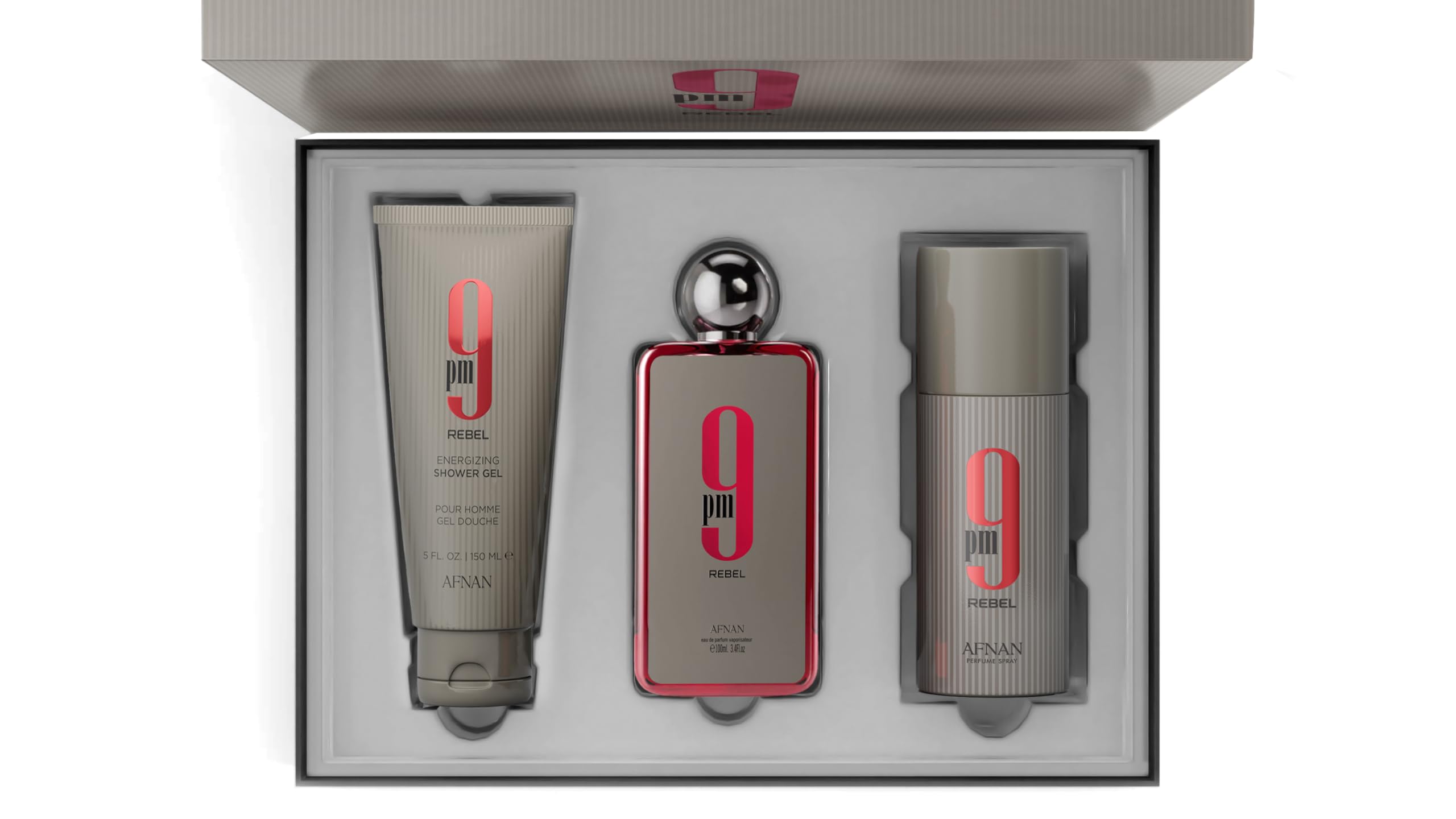 Afnan 9 PM Rebel shower gel bottle, luxurious cleansing with lasting aroma.