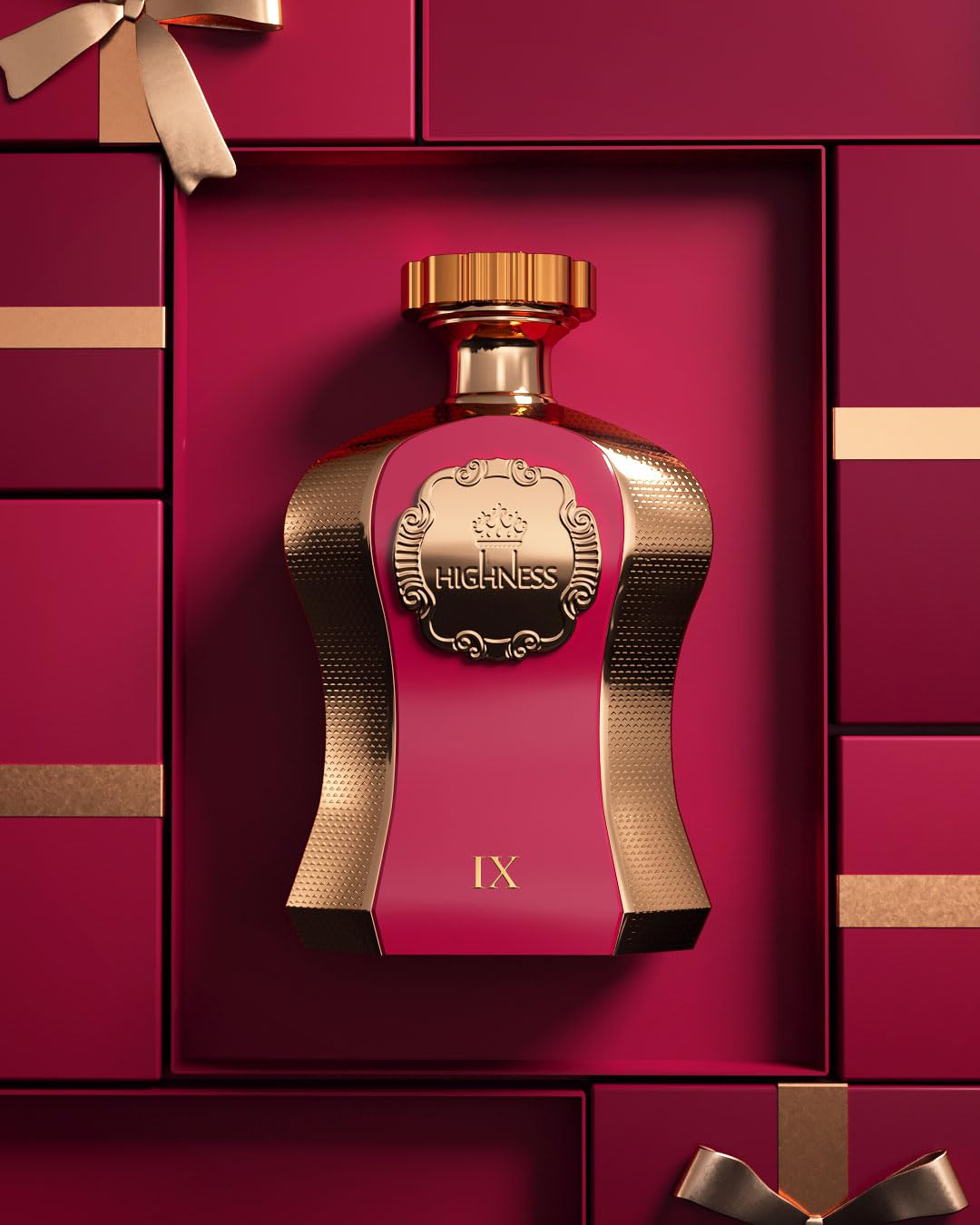 Afnan Highness Maroon bottle on a vanity table, evoking special occasion fragrance at home.