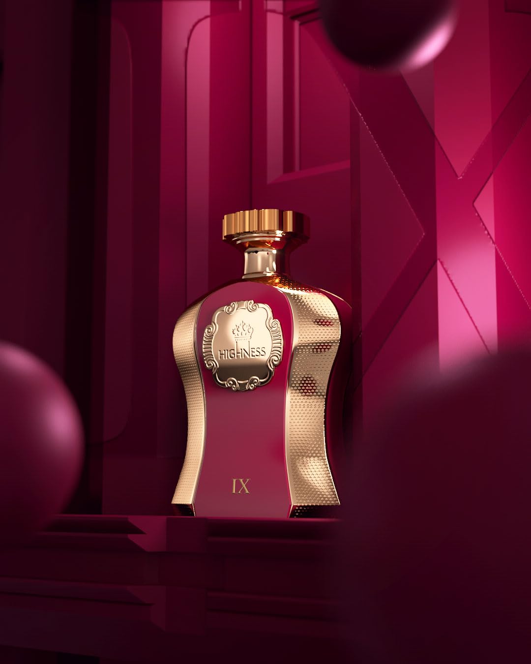 Afnan Highness Maroon pour-angle closeup, hinting at a lasting, inviting aroma.