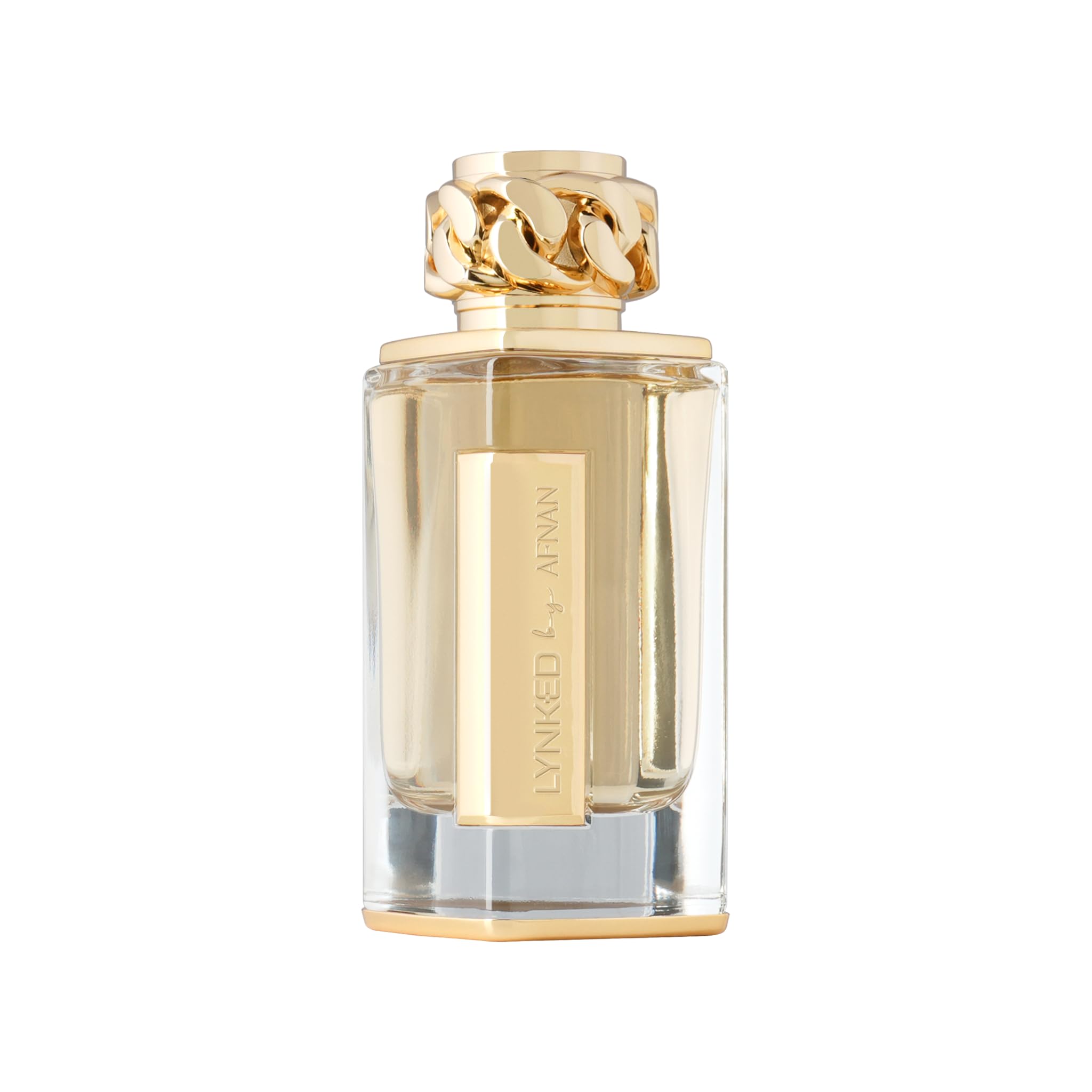 Afnan Lynked Forever Gold bottle side profile with sleek lines.