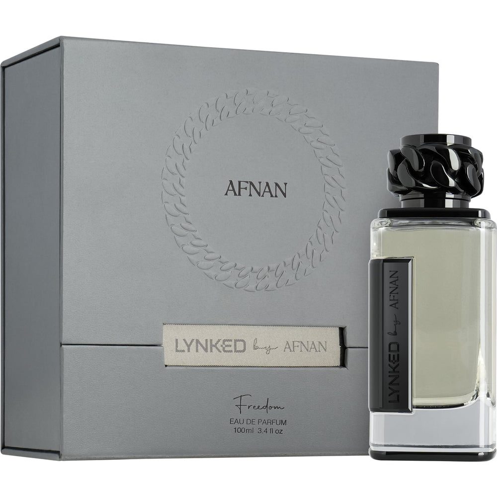 Afnan Lynked Freedom bottle detail label focuses on craftsmanship and oriental notes.